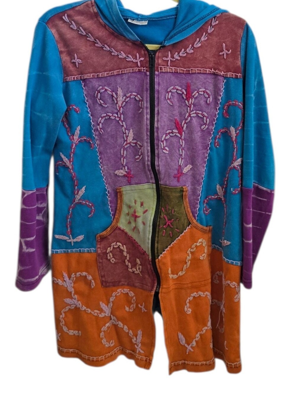 INDIA BOUTIQUE Handmade Vibrant Patchwork longline hoodie jacket Size XL